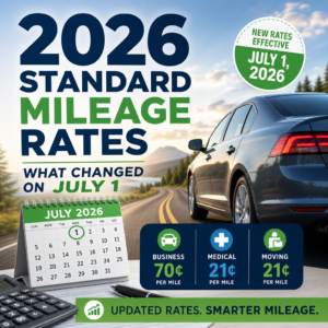 Graphic showing 2026 standard mileage rates for business, medical, and moving expenses effective July 1, 2026