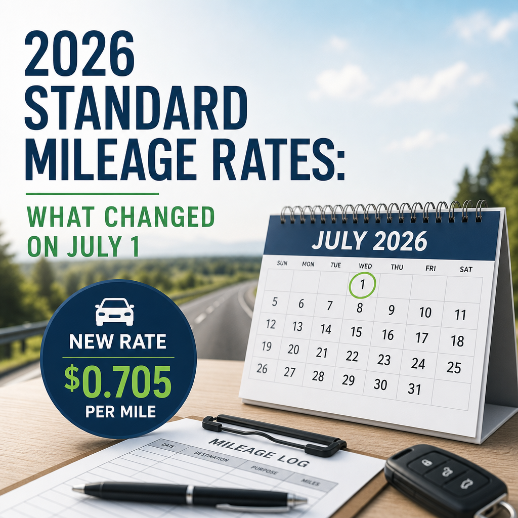 Graphic showing 2026 standard mileage rates updated to 70.5 cents per mile starting July 1.