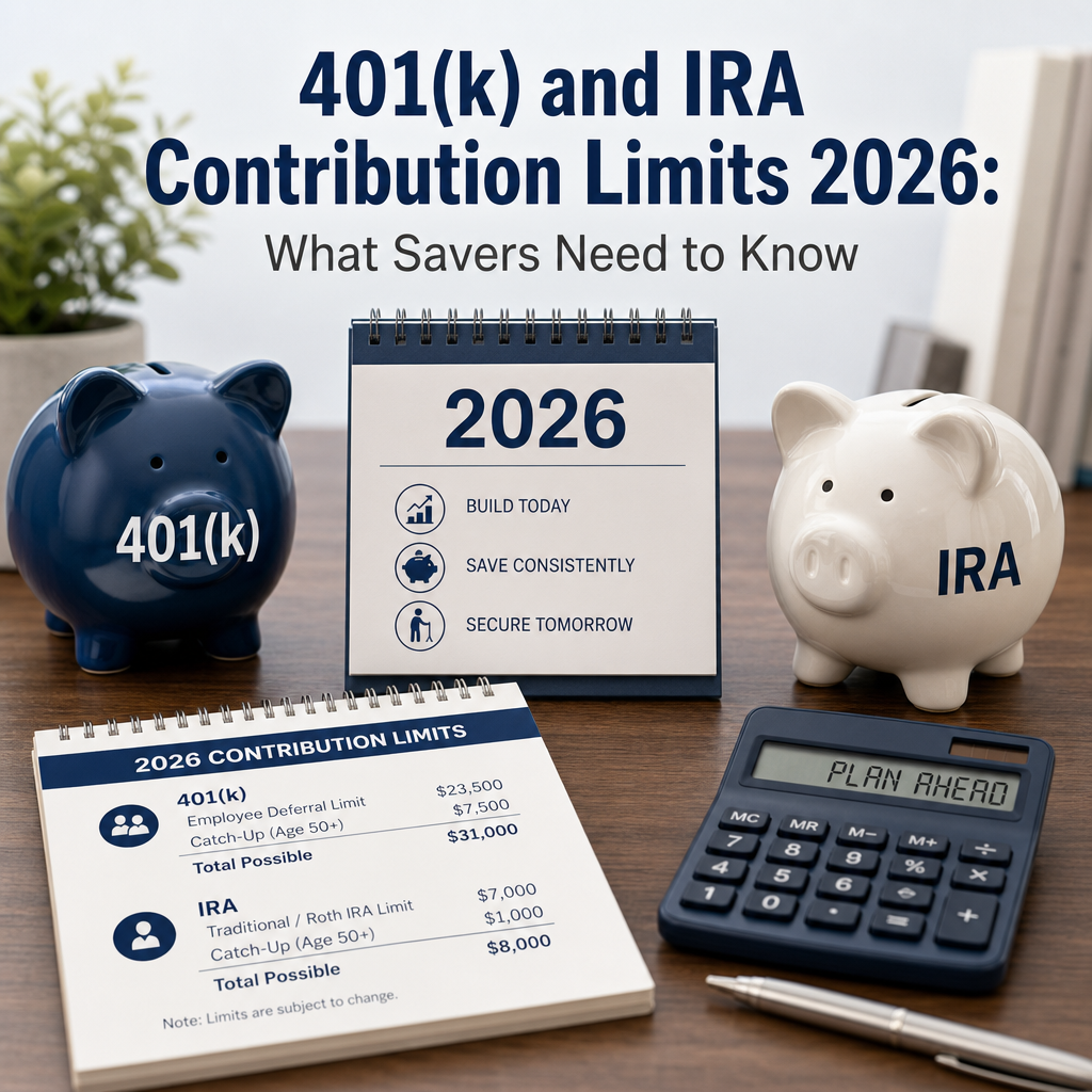 2026 401(k) and IRA contribution limits guide with piggy banks, calculator, and savings plan
