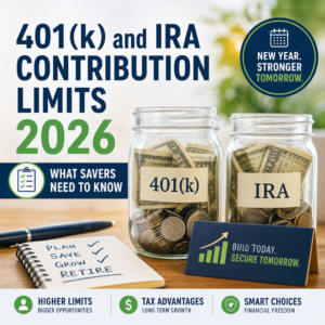 Infographic on 2026 401(k) and IRA contribution limits with tax-saving tips for retirement savers