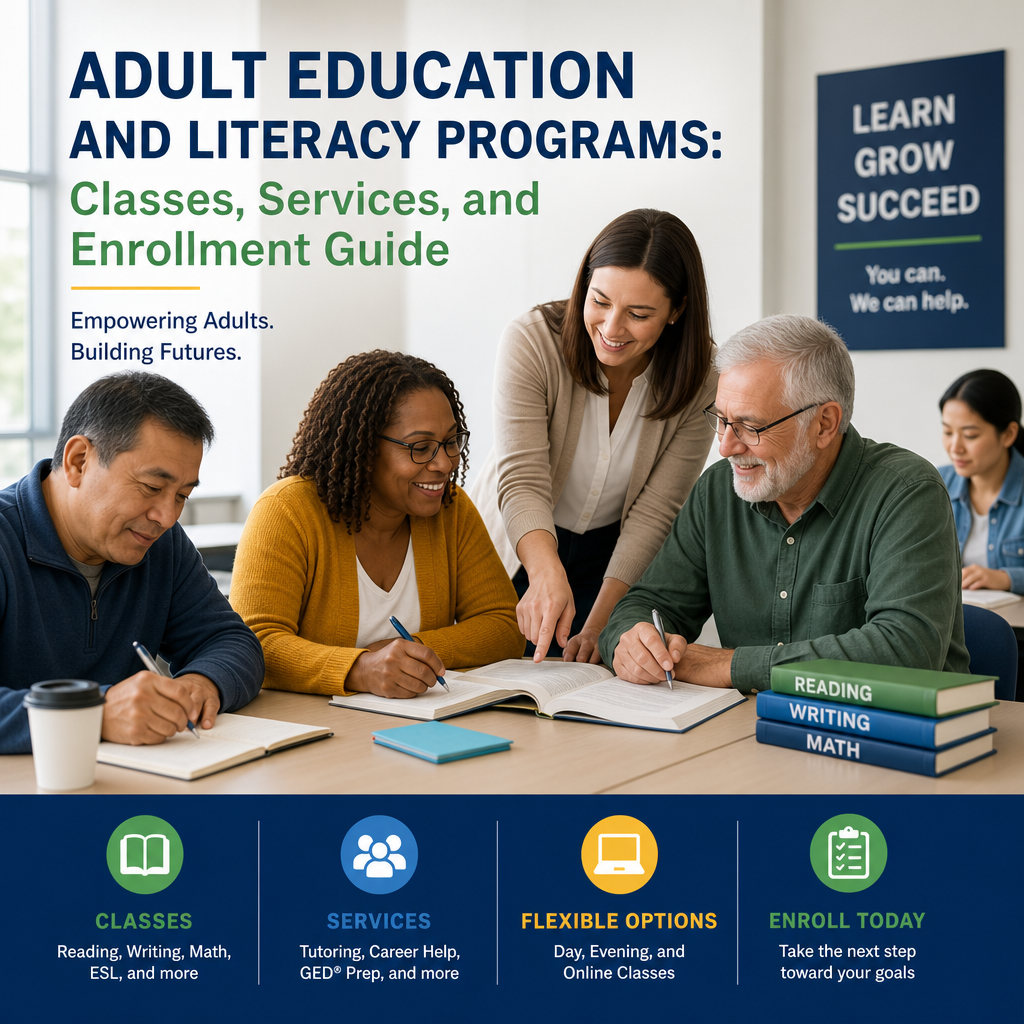 Adult learners in a classroom with books and a computer, showing adult education program classes and enrollment help