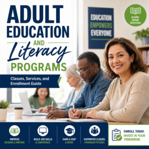 Adult education class with instructor helping adults improve literacy, math, and computer skills