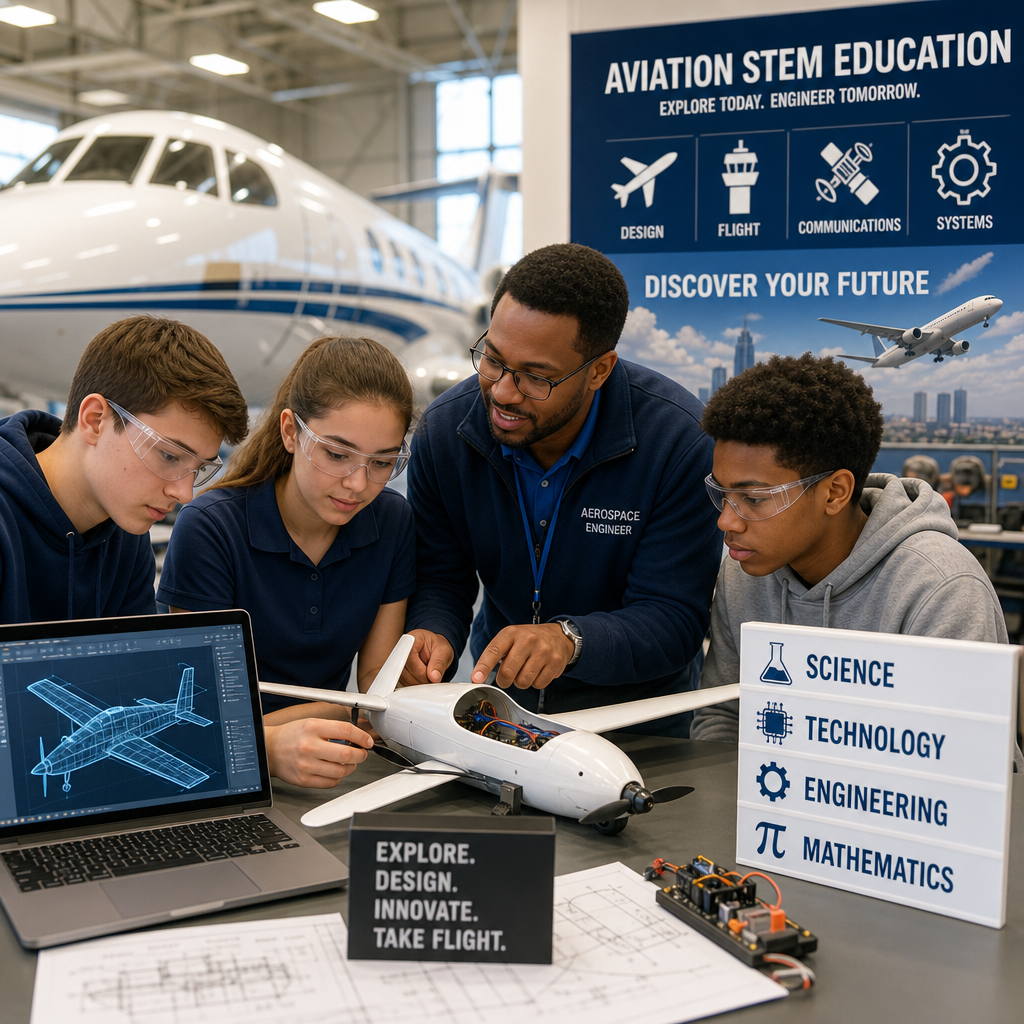 Students in aviation STEM education exploring aircraft design and engineering concepts