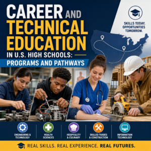 Students exploring career and technical education pathways in a high school classroom with industry icons.