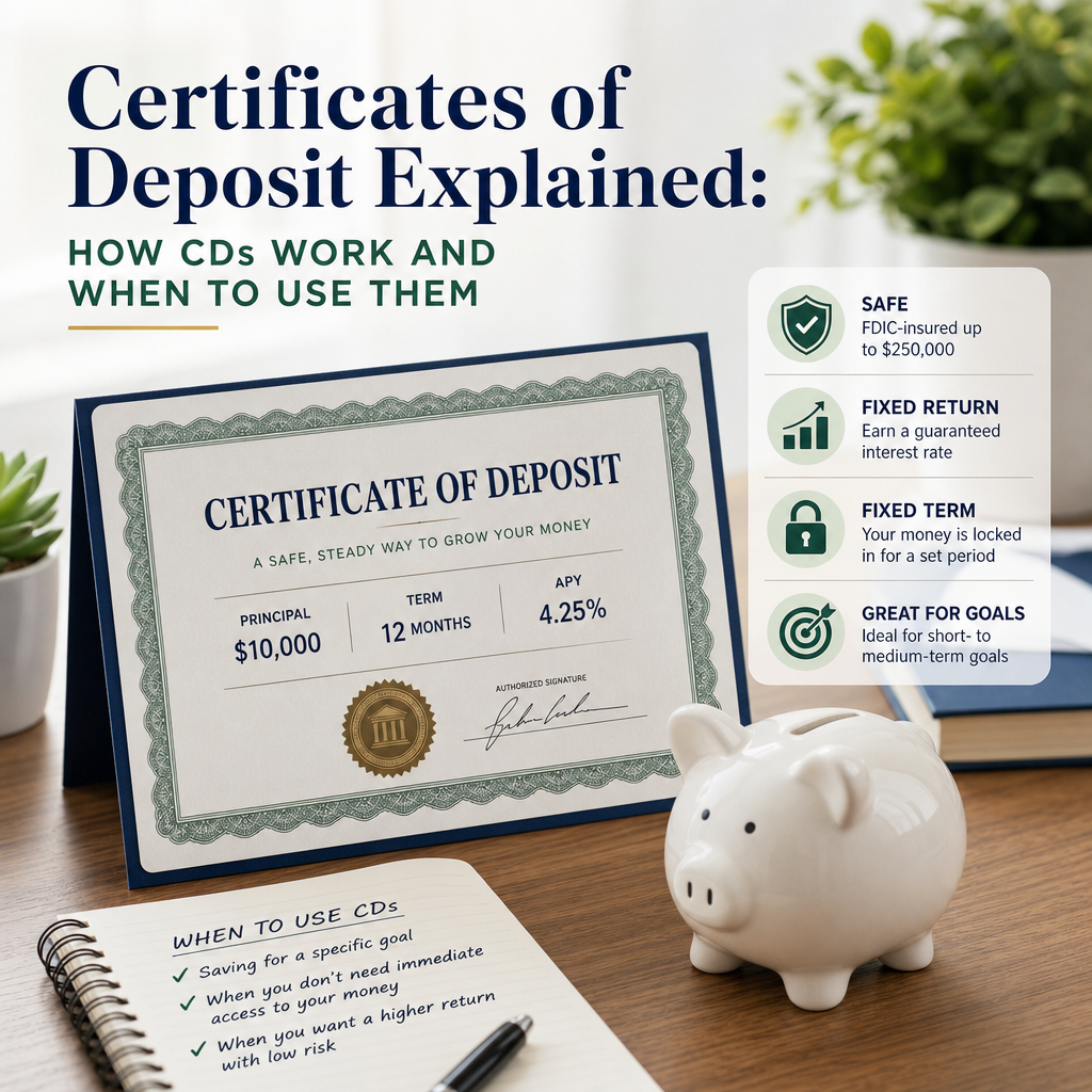 Certificate of deposit guide with benefits, usage tips, and a piggy bank on a desk