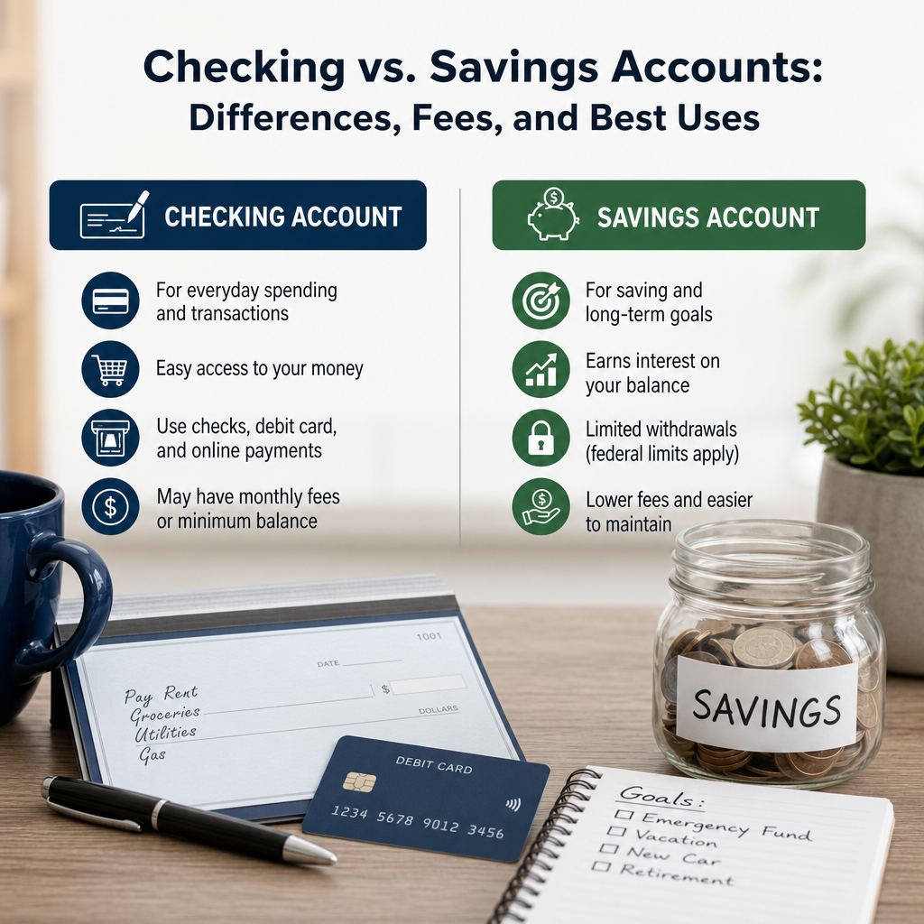 Comparison chart of checking vs. savings accounts, showing differences, fees, and best uses