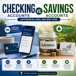 Checking vs. savings account comparison showing differences, fees, and best uses for spending and saving