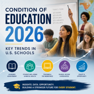 Infographic on Condition of Education 2026 trends in U.S. schools, from achievement to equity and well-being