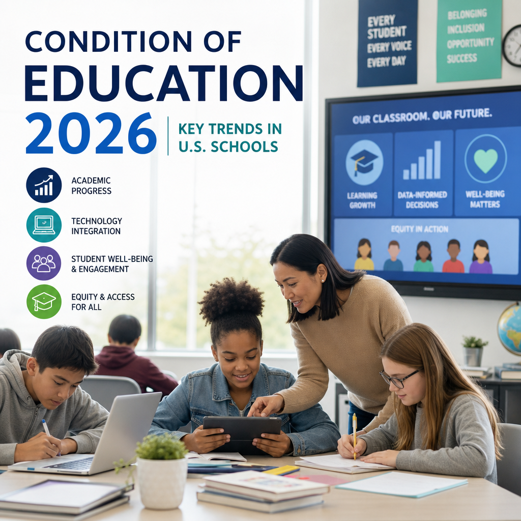 Diverse students and a teacher collaborating in a modern U.S. classroom, showing education trends for 2026