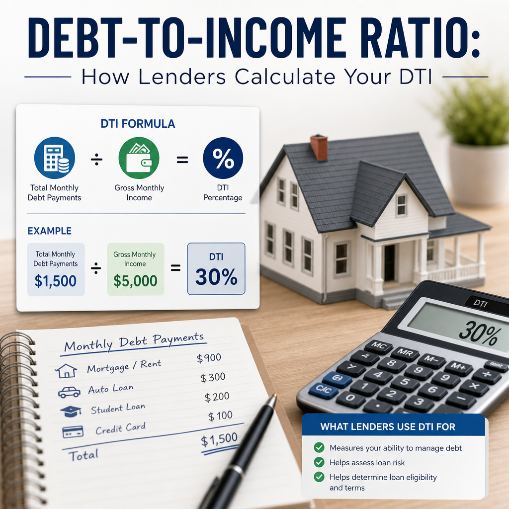 Infographic showing how lenders calculate debt-to-income ratio with formula and example