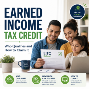 Happy family reviewing Earned Income Tax Credit refund information and claim details