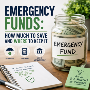 Jar of cash beside a notebook with emergency fund savings tips and where to keep them