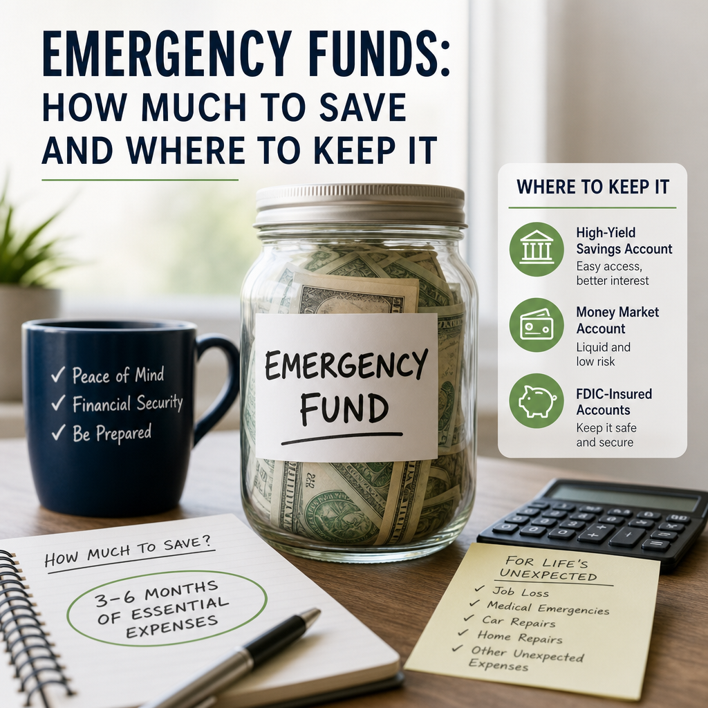 Infographic showing how much to save in an emergency fund and the best places to keep it