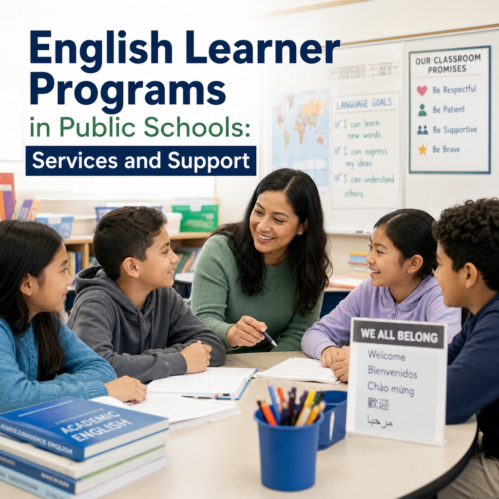 Teacher helping diverse students in an English learner program in a public school classroom