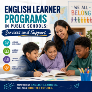 Students and teachers collaborating in an English learner program classroom with language and family support tools