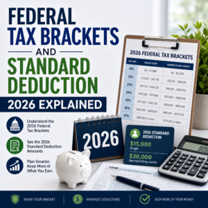 Chart of 2026 federal tax brackets and standard deduction with tax planning tips
