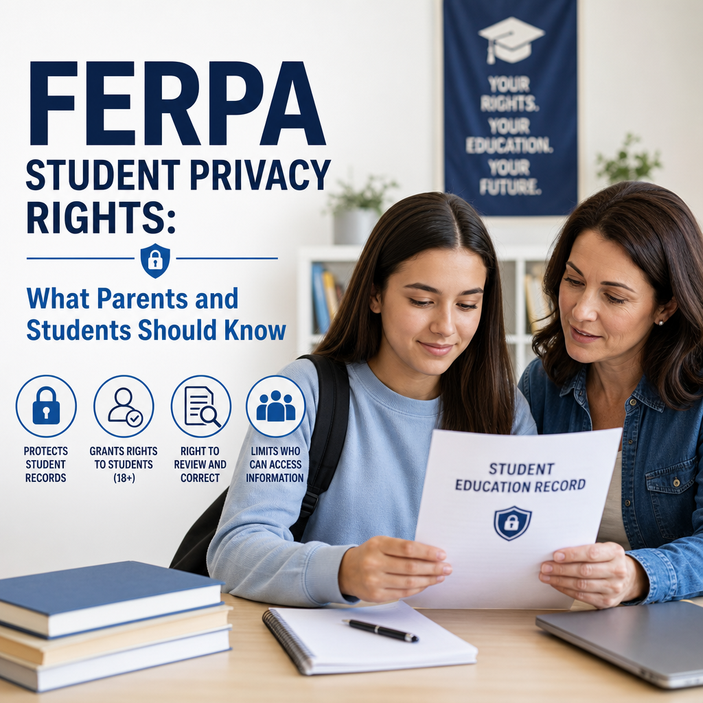 Illustration of FERPA student privacy rights, showing parents and students with education records and privacy protections