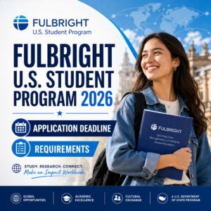 Smiling student holding a Fulbright folder next to 2026 application deadline and requirements text