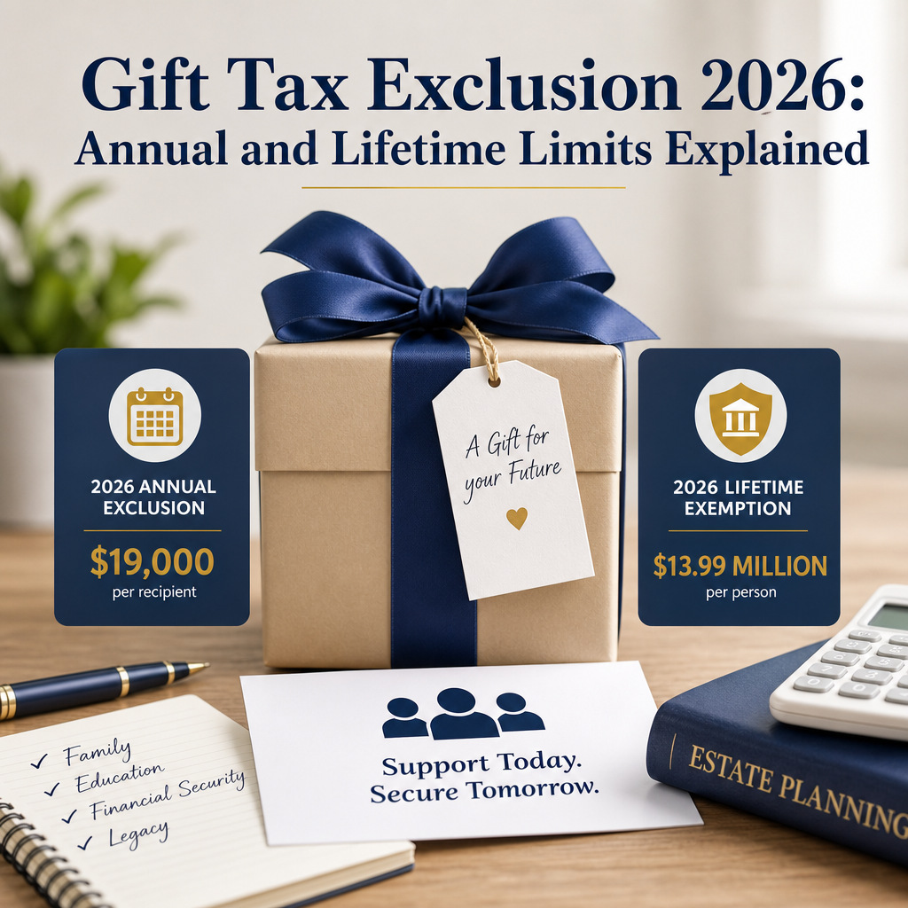 Illustration of gift tax exclusion 2026 annual and lifetime limits with tax forms and dollar icons
