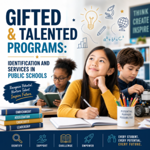 Illustration of gifted and talented programs in a public school, showing student identification, enrichment, and support