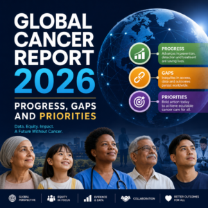 Global Cancer Report 2026 graphic showing worldwide progress, gaps, and priorities in cancer prevention and treatment