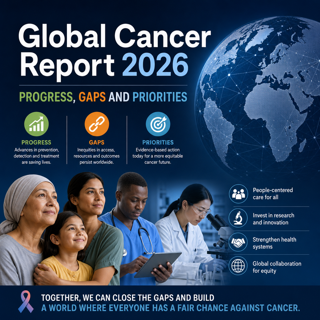 Global Cancer Report 2026 infographic showing worldwide cancer prevention, care progress, gaps, and priorities