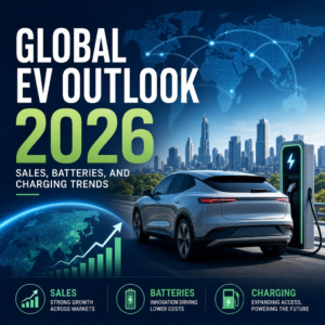 Global EV Outlook 2026 showing EV sales growth, battery innovation, and charging infrastructure trends