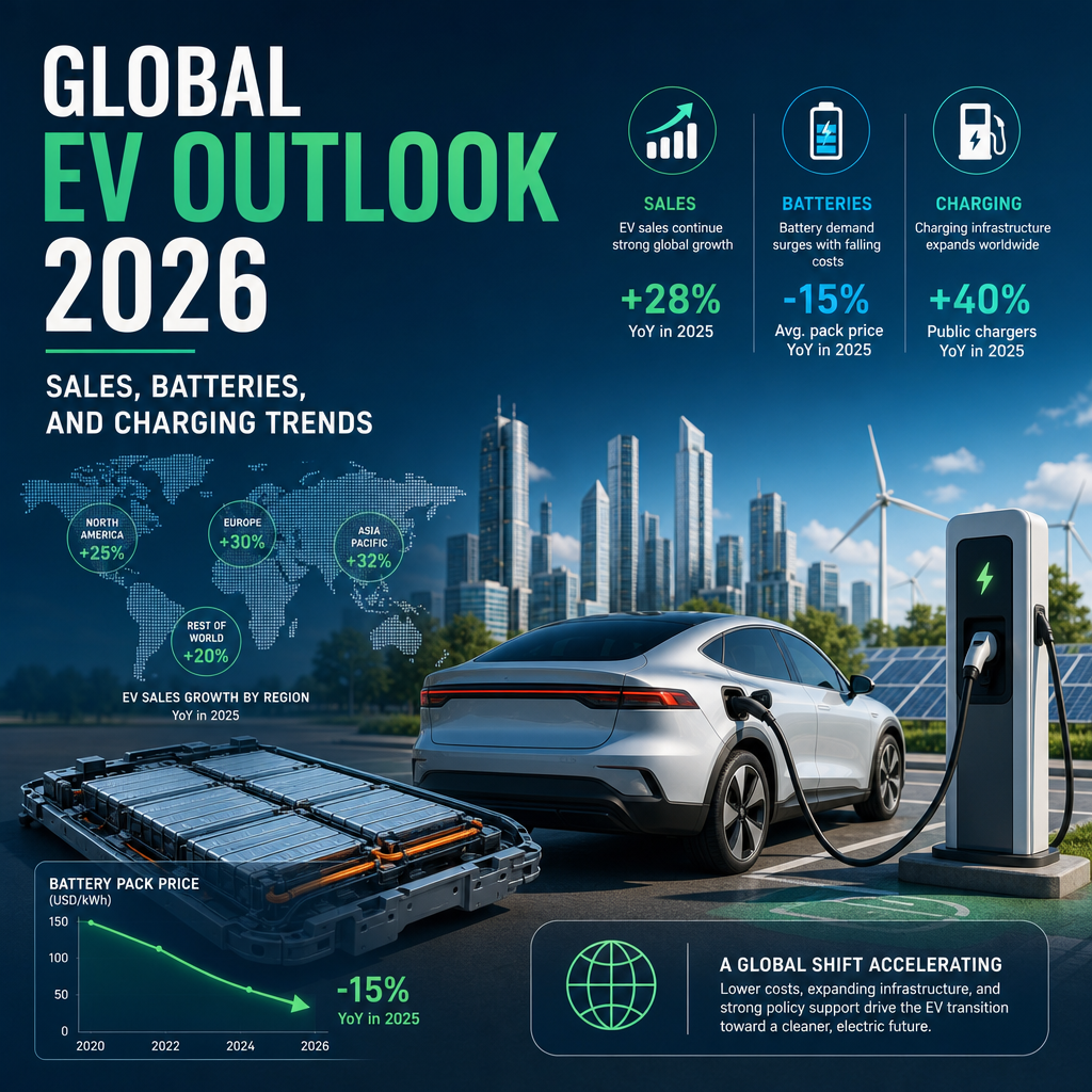 Global EV Outlook 2026 showing EV sales growth, falling battery prices, and expanding charging stations