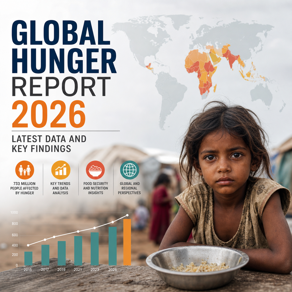 World map infographic showing global hunger statistics and affected regions in the 2026 report