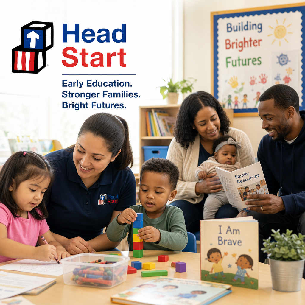Diverse children, parents, and educators participating in Head Start early learning activities
