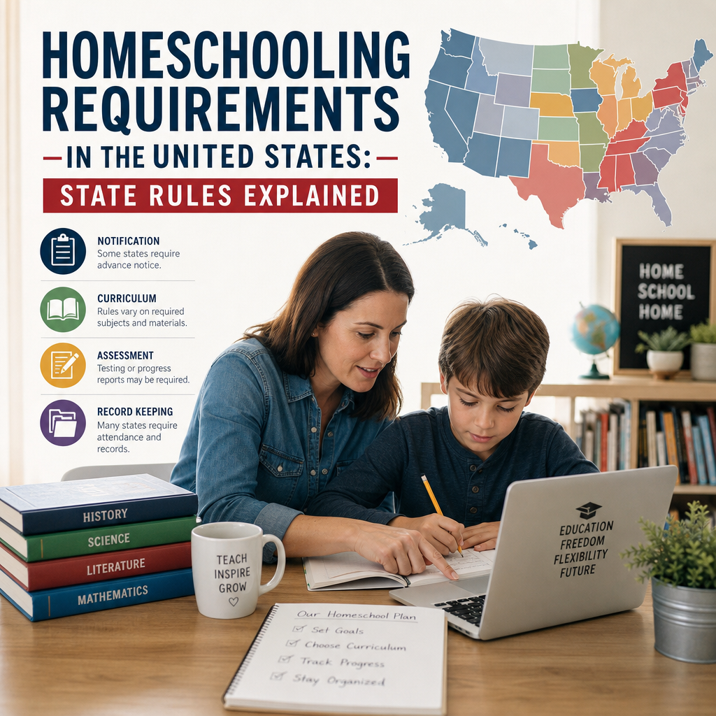 Mother teaching child at home, illustrating U.S. homeschooling requirements and state rules.