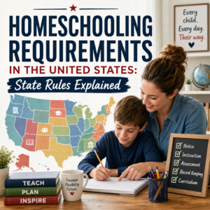 Illustration of U.S. homeschooling rules with a family, checklist, and map of state requirements
