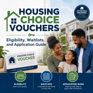 Illustration of Housing Choice Vouchers for affordable housing, with a home, apartment, and application checklist.
