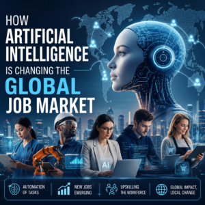 AI transforming the job market with automation, new roles, and workers learning digital skills