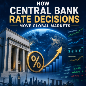 Chart showing central bank rate decisions affecting stocks, bonds, currencies, and commodities worldwide