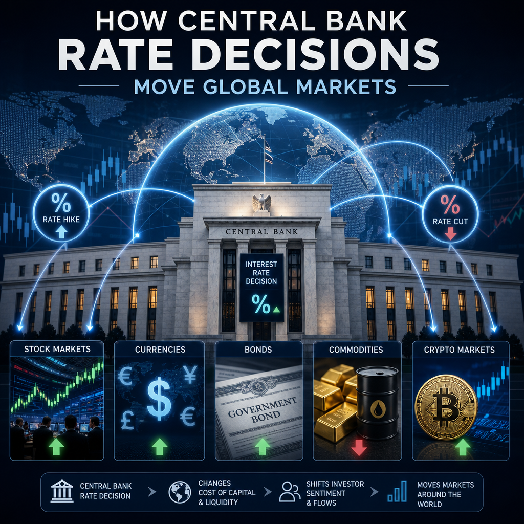 Infographic showing central bank rate decisions affecting stocks, bonds, currencies, commodities, and crypto markets