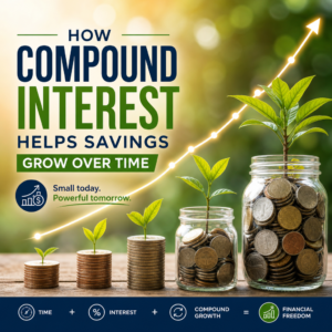 Illustration of coins and plants showing compound interest growing savings over time