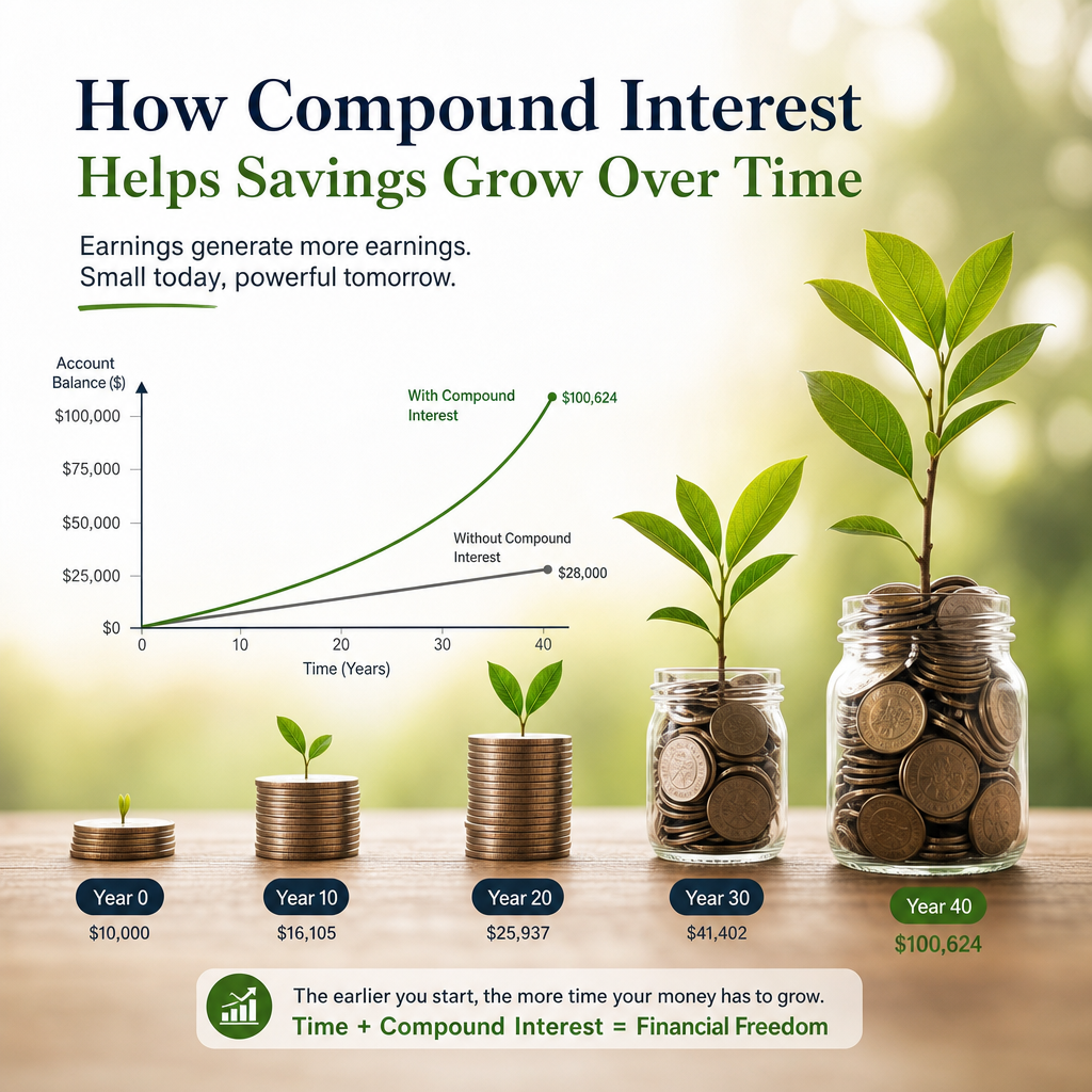 Infographic showing compound interest growing savings over time with coins and plants increasing in size