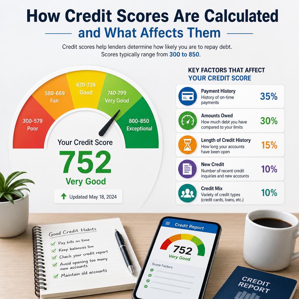 Infographic showing credit score calculation factors, including payment history, utilization, and tips to improve credit.