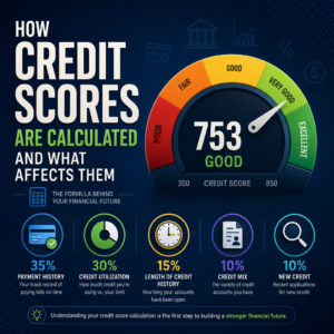 Infographic showing credit score calculation factors and a 753 good credit score example