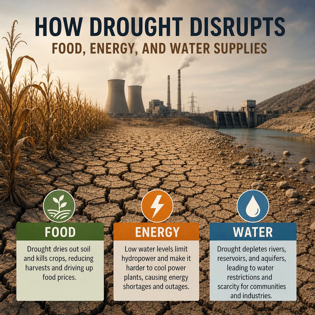 Infographic showing drought drying soil, lowering water levels, and depleting food, energy, and water supplies.