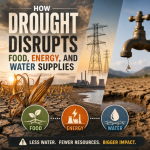 Infographic showing drought disrupting food, energy, and water supplies with reduced resources and rising impacts