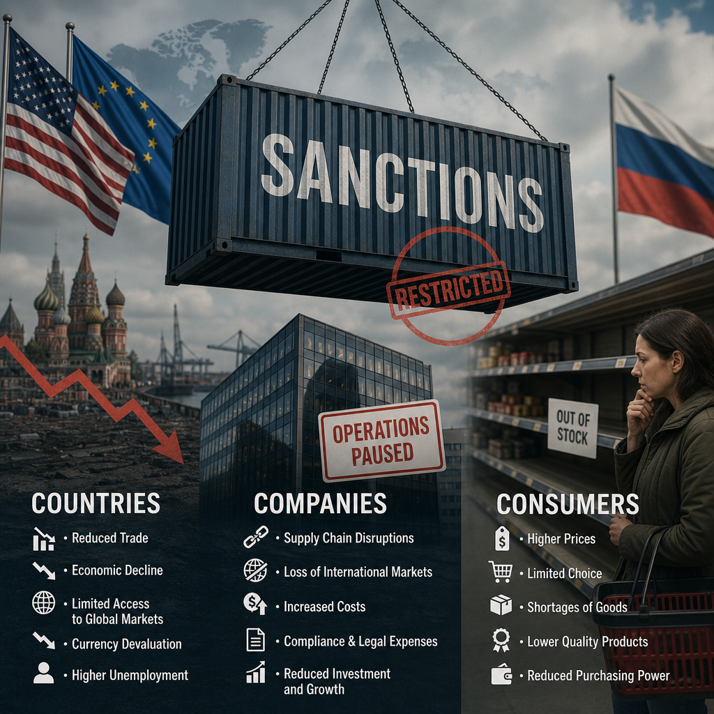 Conceptual image of economic sanctions impacting countries, companies, and consumers with USA, EU, and Russia flags.