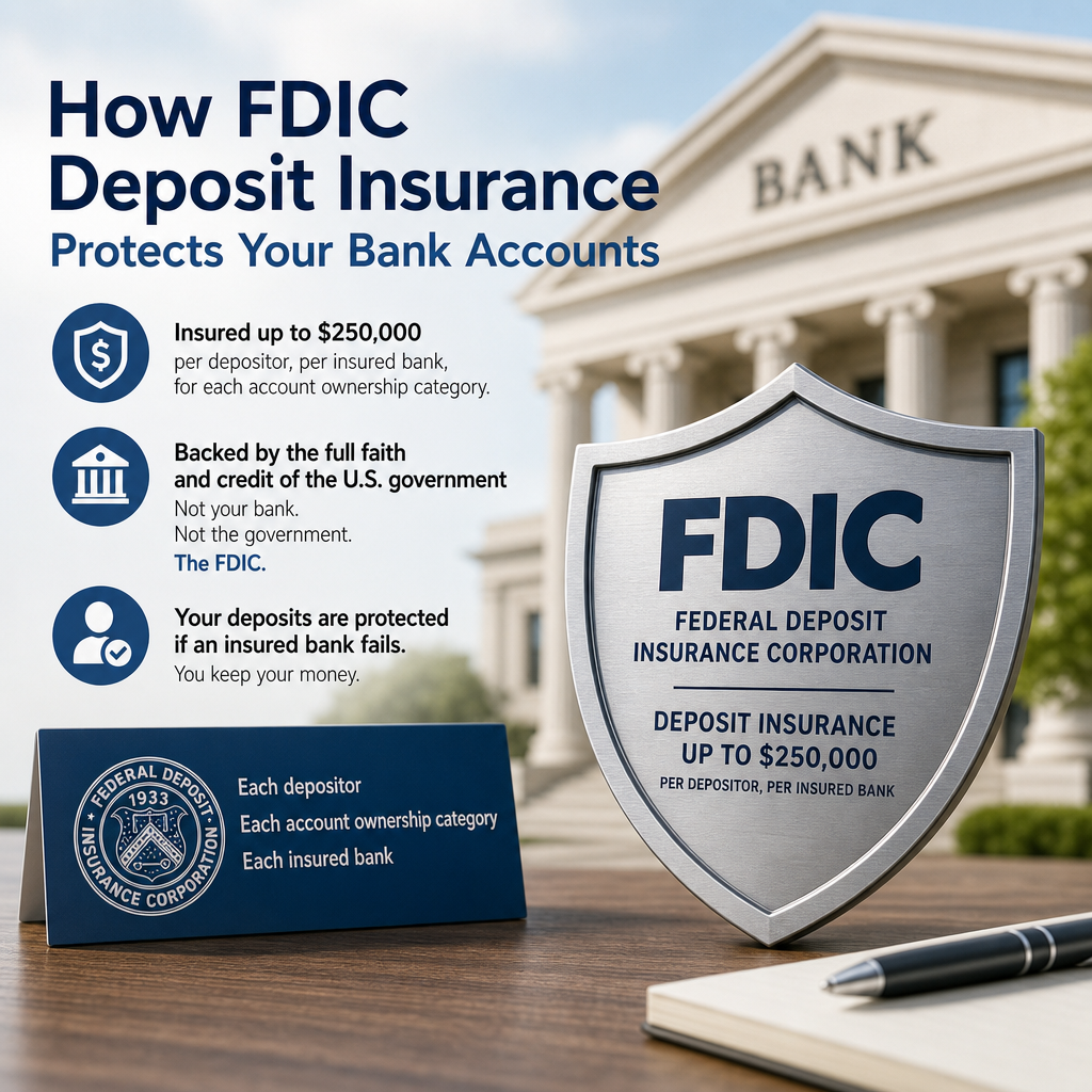Infographic showing FDIC deposit insurance protecting bank accounts up to $250,000.