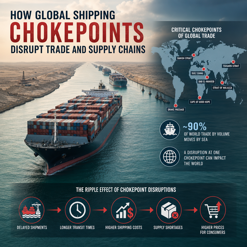 Infographic showing global shipping chokepoints and ripple effects disrupting trade and supply chains