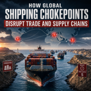 Cargo ships bottlenecked at a narrow shipping chokepoint, with delayed trade routes and rising costs