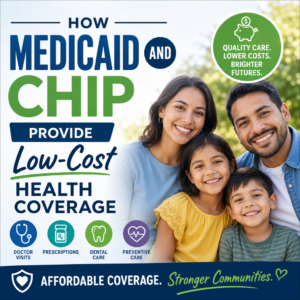 Happy family promoting Medicaid and CHIP low-cost health coverage and access to care