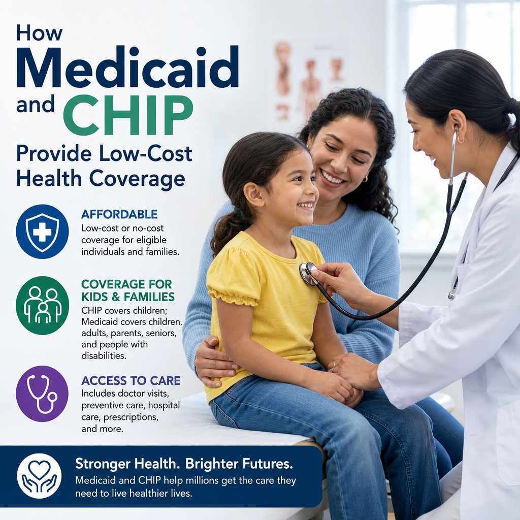 Infographic showing Medicaid and CHIP offer low-cost health coverage for kids and families