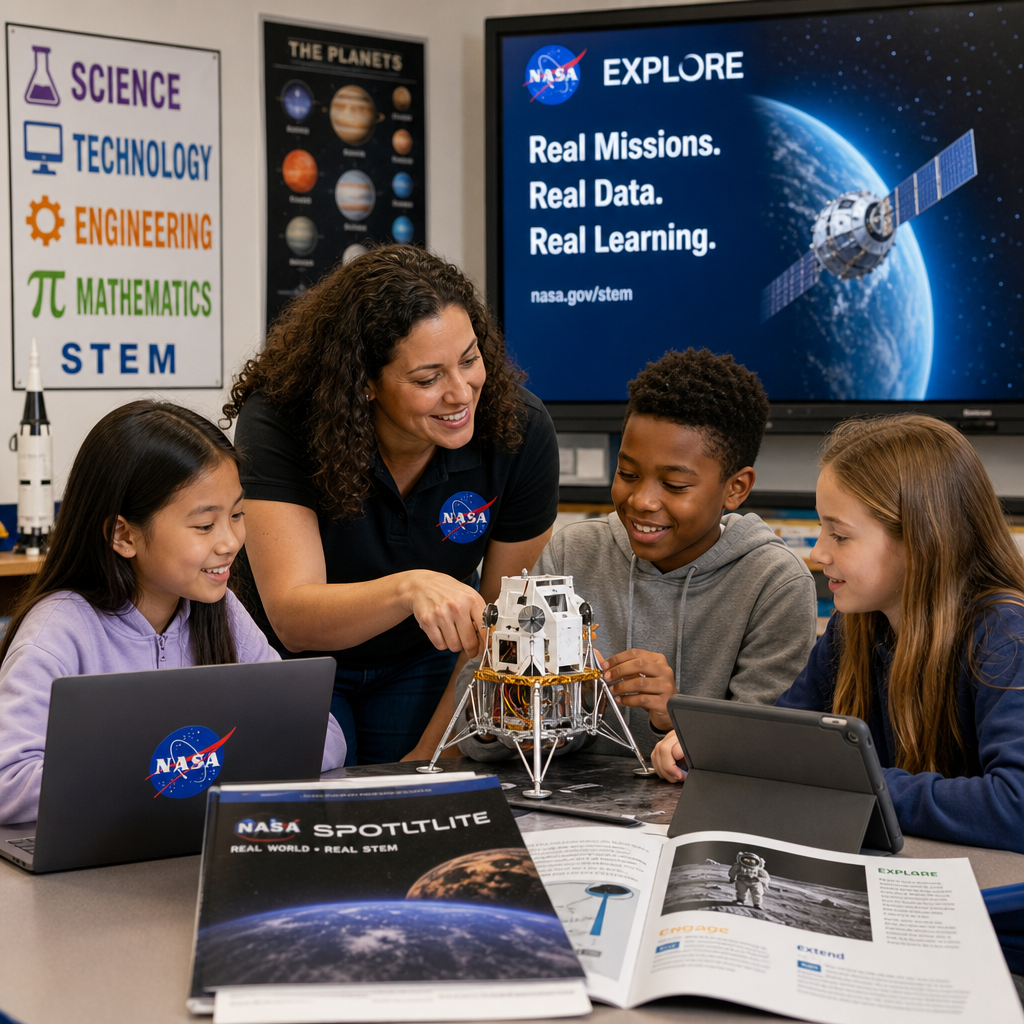 Diverse students and a teacher using NASA resources for a hands-on STEM space exploration lesson