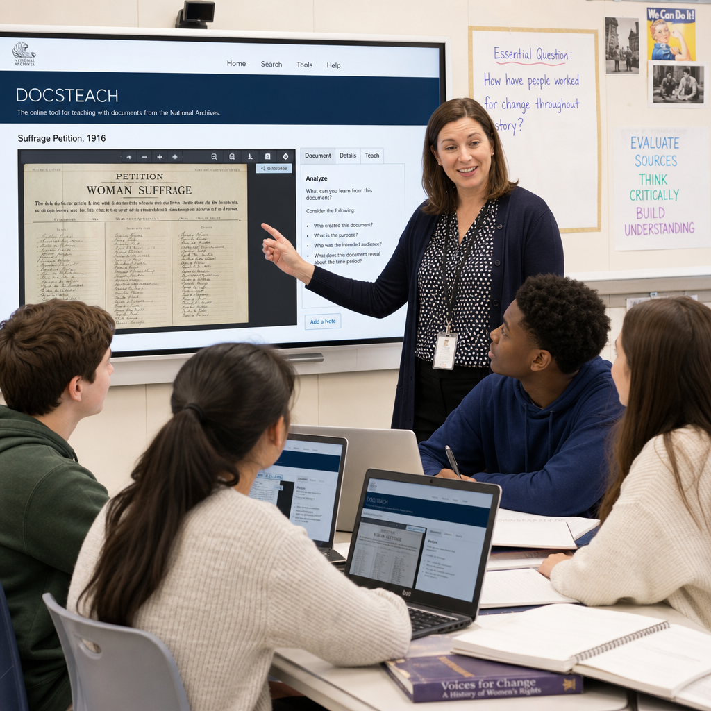 Teacher using DocsTeach primary sources to teach women’s suffrage to diverse students in a classroom